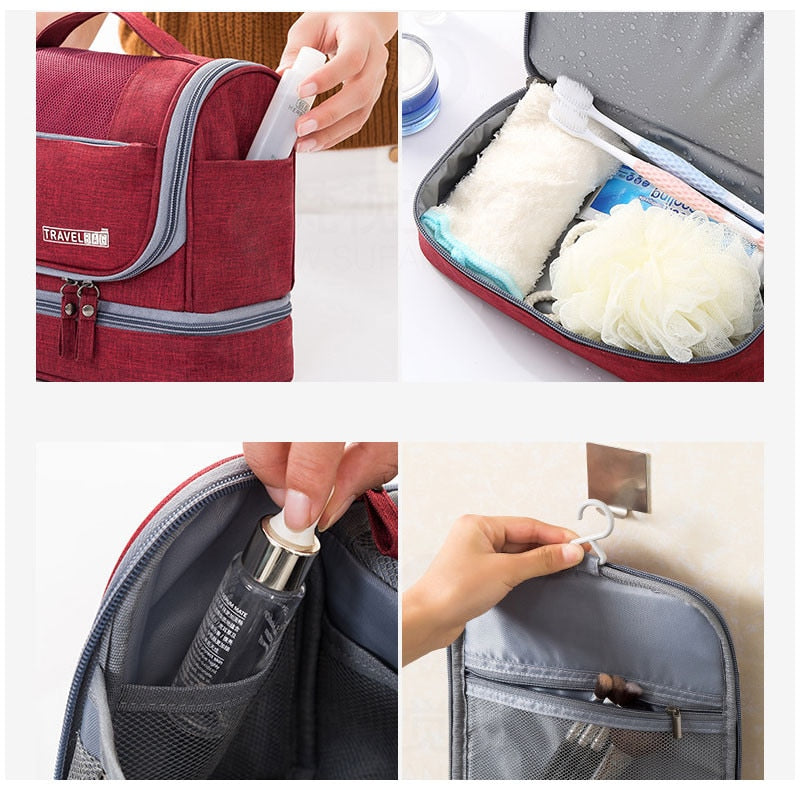 Portable multi-compartment travel toiletry bag, ideal for organizing cosmetics & travel essentials in luggage.