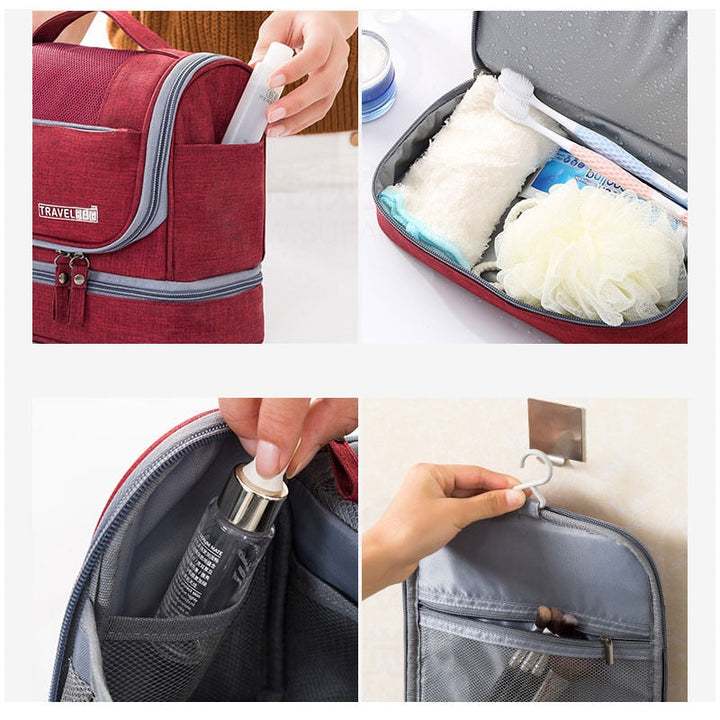 Portable multi-compartment travel toiletry bag, ideal for organizing cosmetics & travel essentials in luggage.