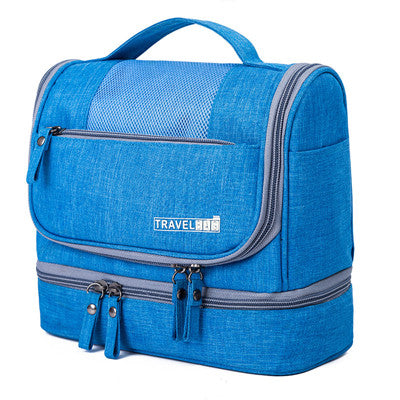 Multi-compartment travel cosmetic case, large hanging toiletry organizer for makeup & bathroom items.