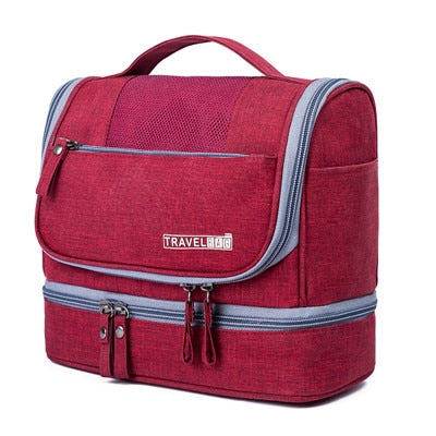 Closed large hanging toiletry bag, a compact multi-compartment travel organizer for easy packing.