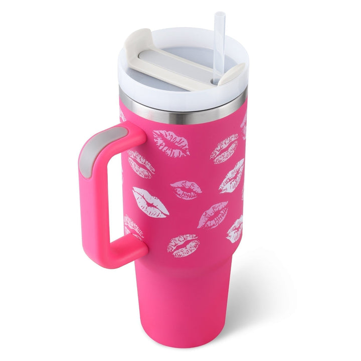 Unisex large insulated mug with handle & straw, perfect for hot/cold drinks on the go.