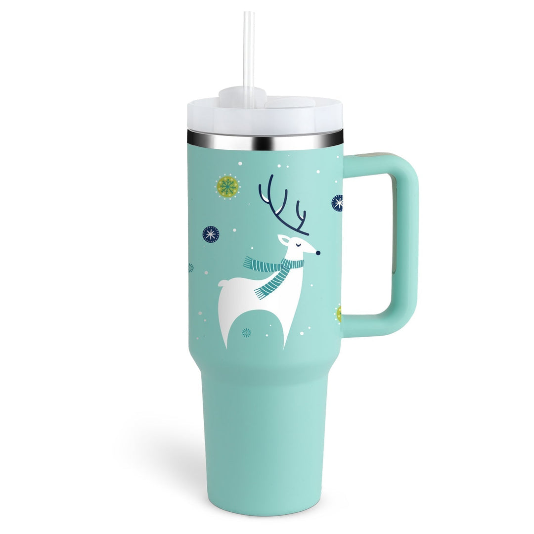 Large insulated water bottle with handle & straw, reusable & portable.