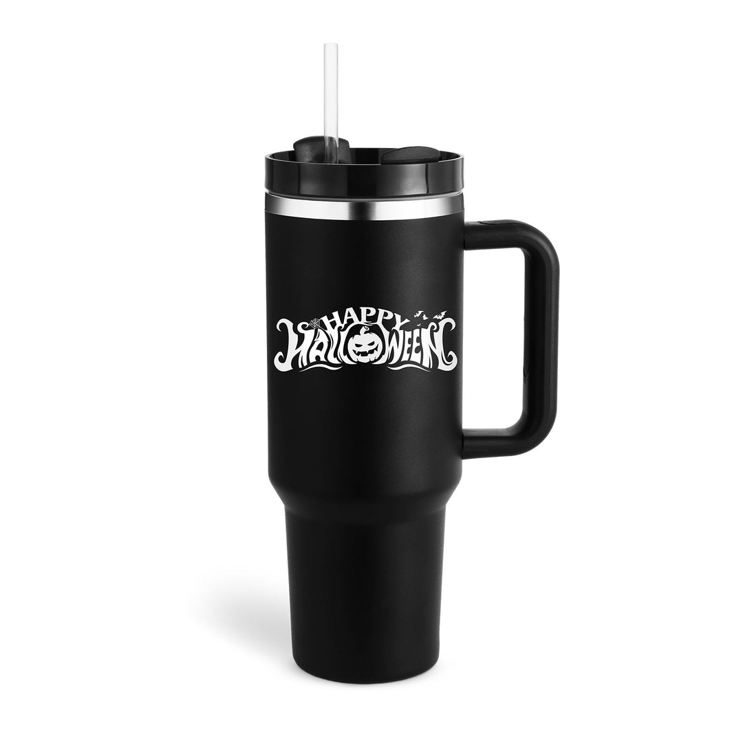 Portable handled insulated coffee cup with straw, ideal for active lifestyles.