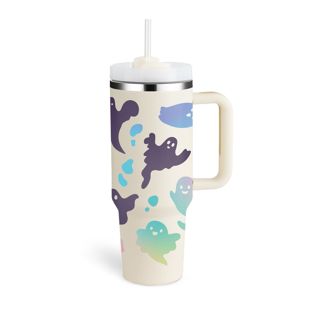 Reusable insulated water bottle with handle & straw, eco-friendly choice.