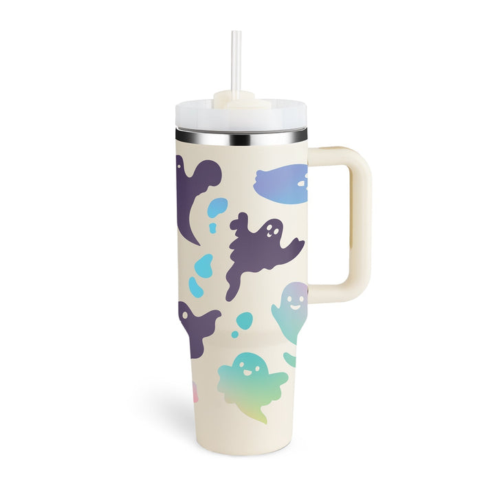 Reusable insulated water bottle with handle & straw, eco-friendly choice.
