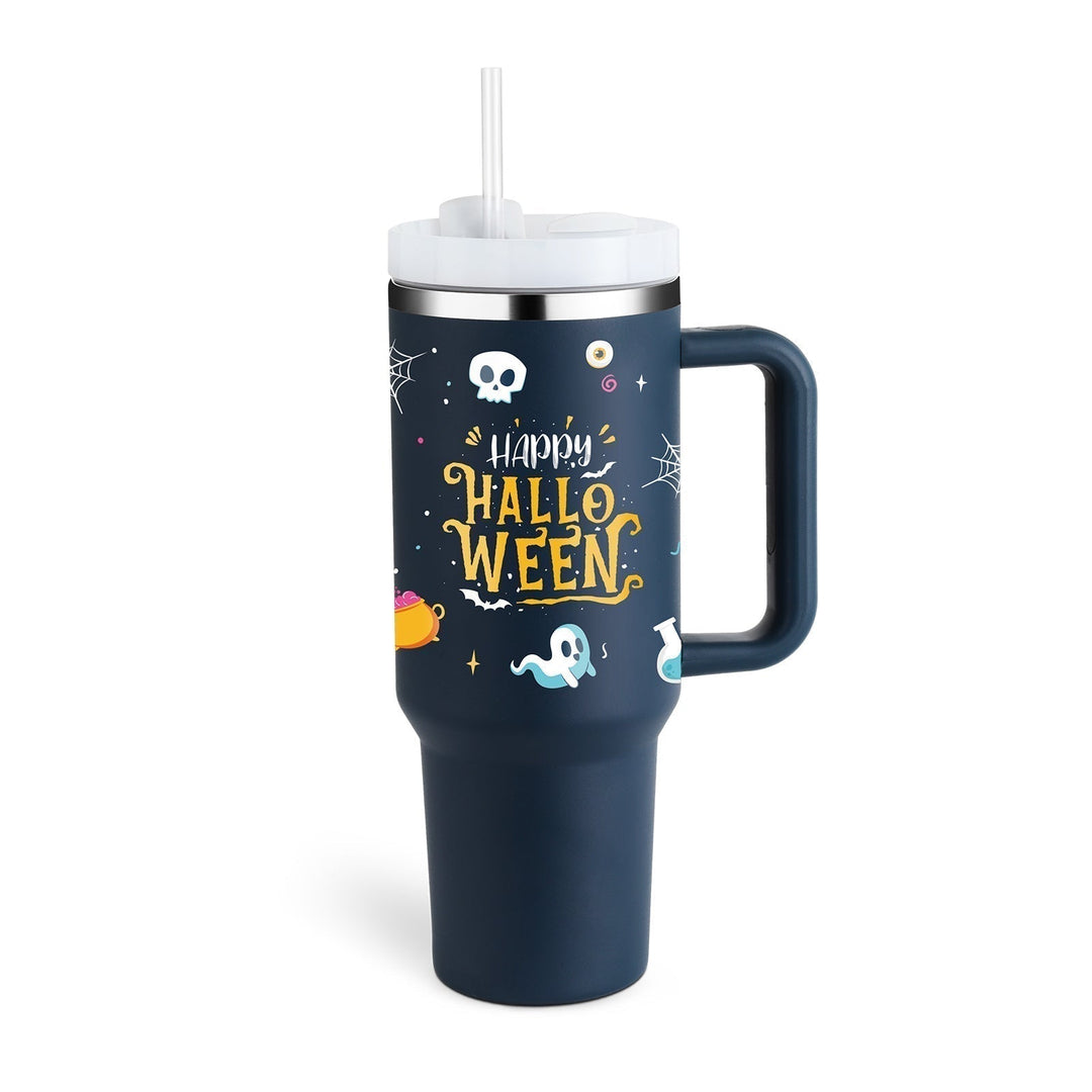 Large insulated travel tumbler with handle & straw, designed for convenience.