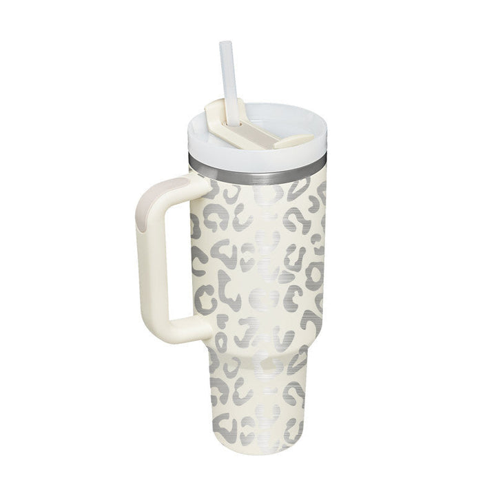 Hydrating insulated mug with handle & straw, great for water, juice, or tea.