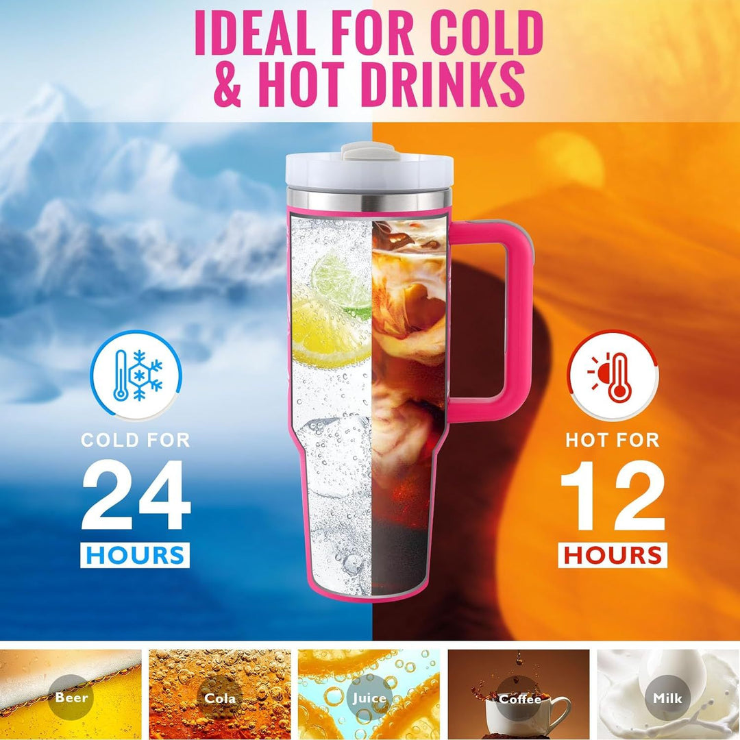 Large capacity insulated travel cup for water, coffee, or tea, with convenient handle & straw.