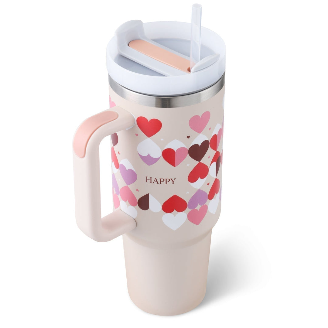 Eco-friendly insulated mug with handle & straw, a sustainable hydration choice.