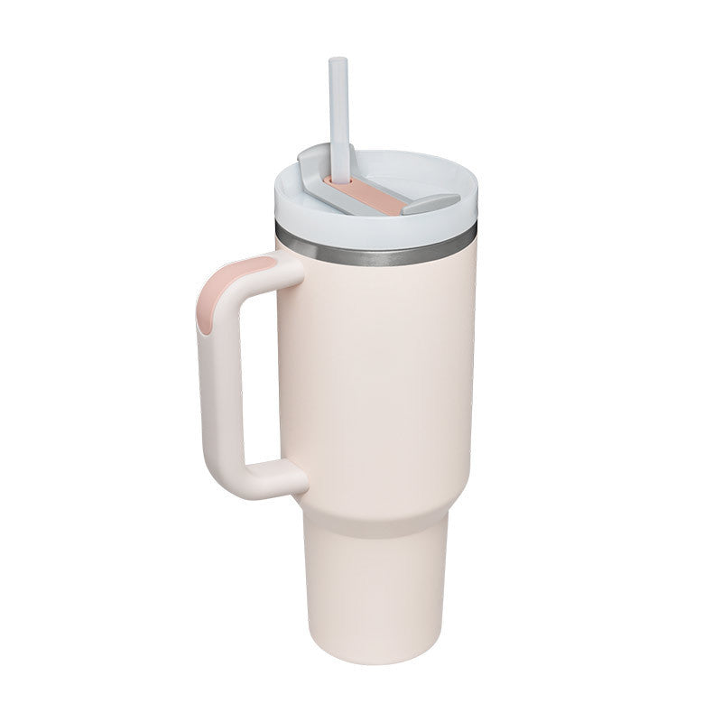 Modern large insulated mug with handle & straw, sleek design for daily use.