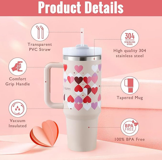 Portable insulated mug with handle & reusable straw for all-day hot or cold beverages.