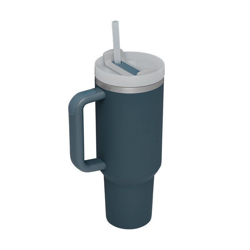 Insulated handled water cup with straw, ideal for active men and women.
