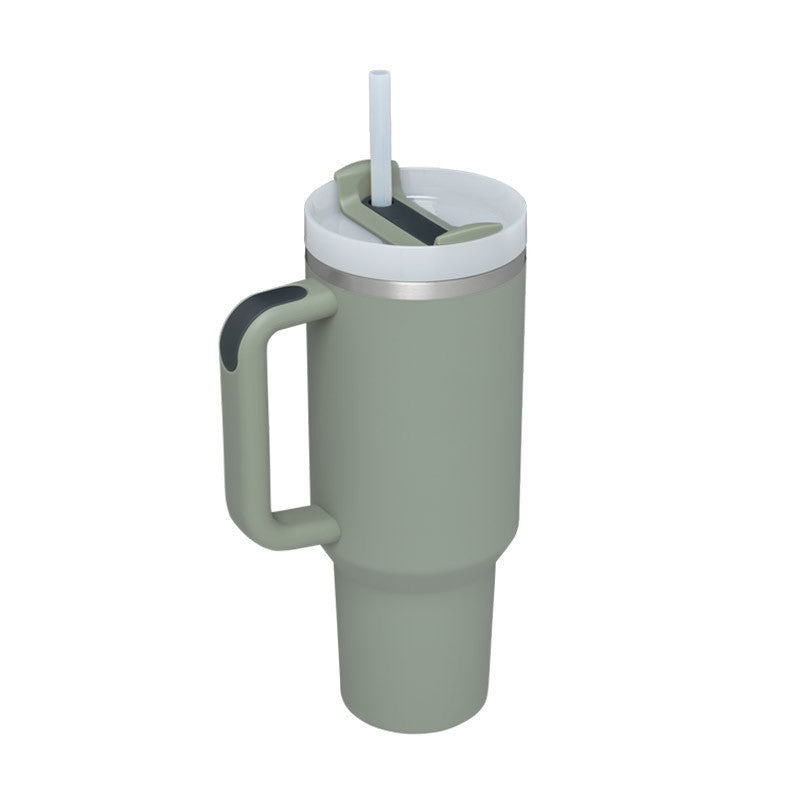 Reusable insulated mug with handle & straw, essential for daily hydration.