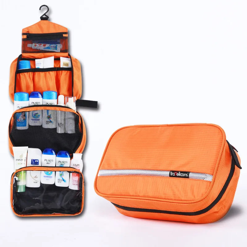 Spacious unisex travel toiletry bag. Waterproof organizer keeps all essentials, cosmetics & gym gear neatly stored.