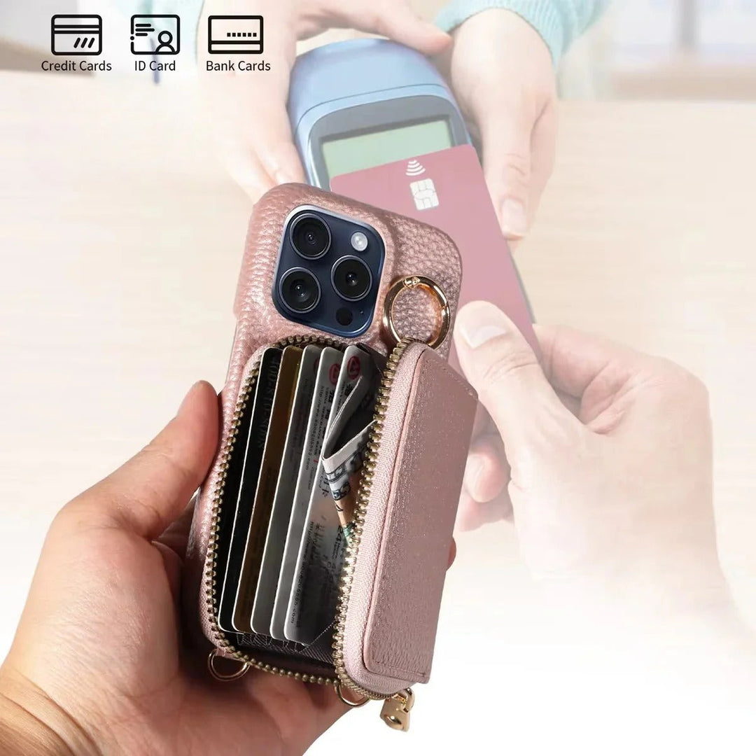 Durable leather iPhone cover with card holder, secure zipper & stylish multifunction design.