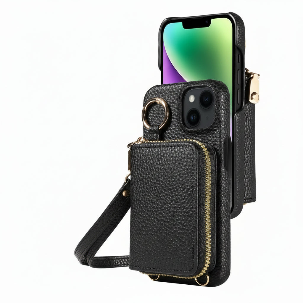 Stylish black leather iPhone case with card holder, zipper & detachable lanyard.