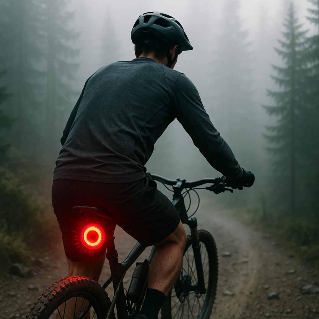 Easy-mount LED rear bike light for seat post; waterproof, brake sensing, & 6 modes for safe cycling.