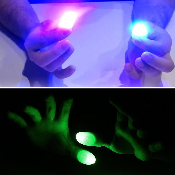 Glowing LED finger light being worn, showcasing its use as a fun magic trick prop