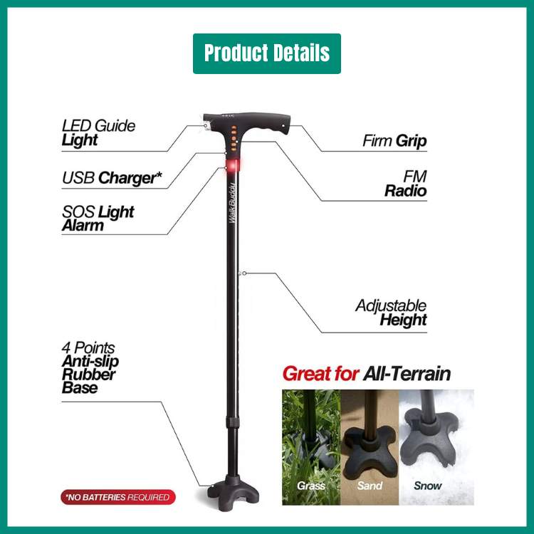 Durable folding walking cane for seniors, featuring an integrated LED light for nighttime safety & improved visibility.