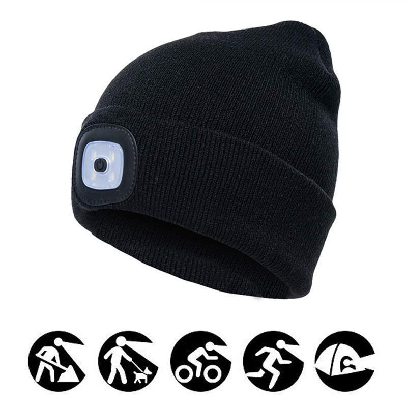 Assortment of colorful LED knitted winter beanie hats, red, green, and black, for cold weather comfort