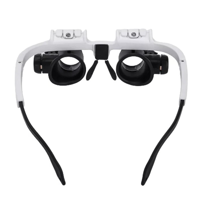 Hands-free LED illuminated magnifier glasses, ideal for jewelry repair, crafts, and electronics.