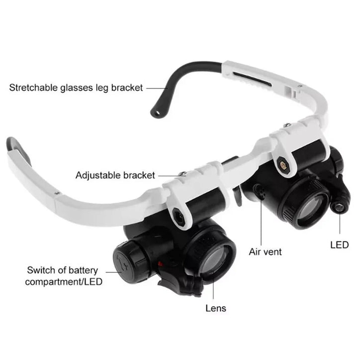Unisex LED magnifier with multiple lenses (8x, 15x, 23x) for hands-free close-up work.
