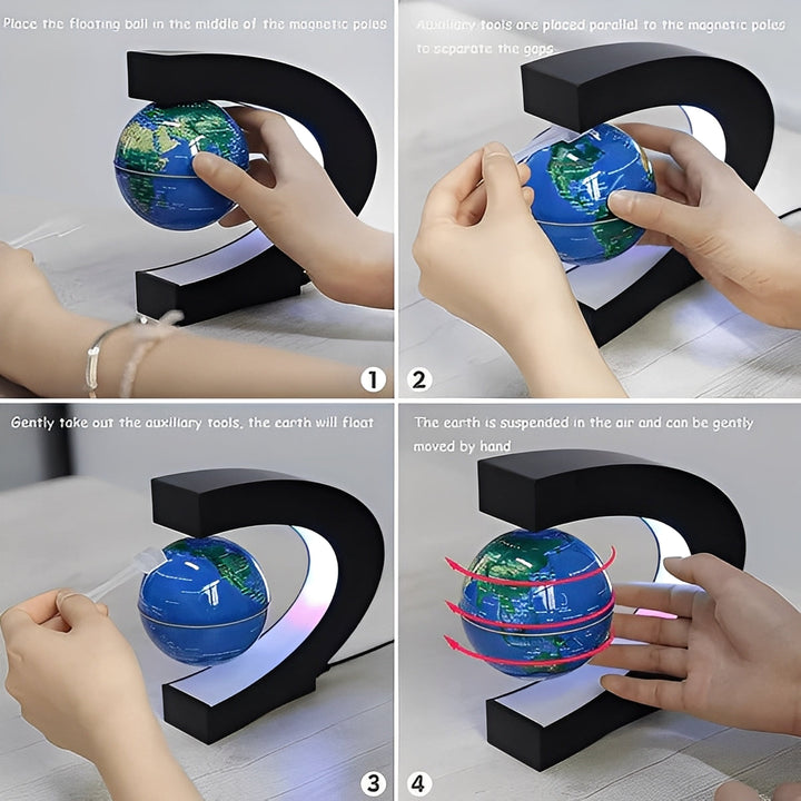 Magnetic levitating globe with LED light, an educational tech gift. Modern office or home decor with a spinning world map.