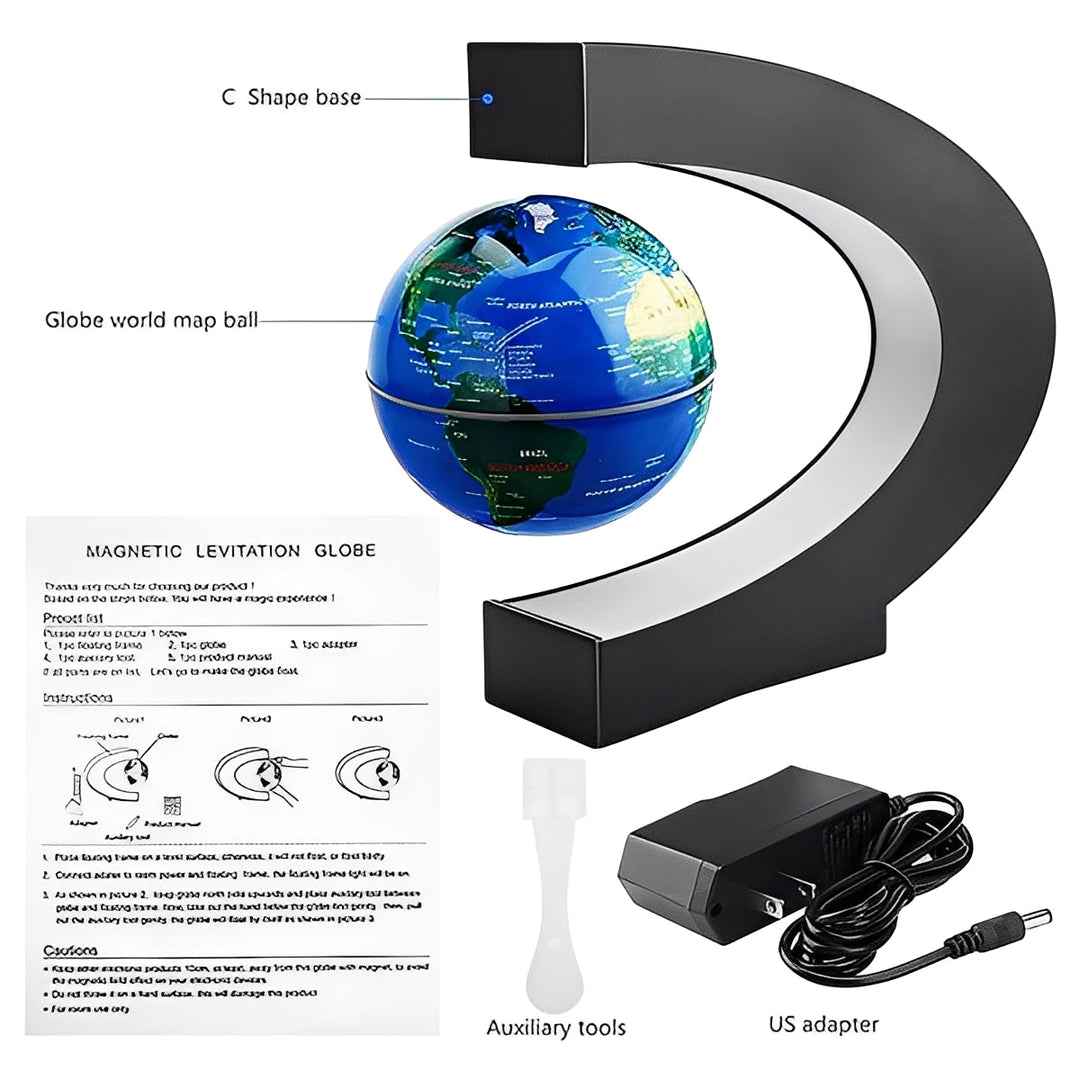 Sleek levitating globe with LED illumination for desk or office decor. A unique electromagnetic spinning world map gadget.