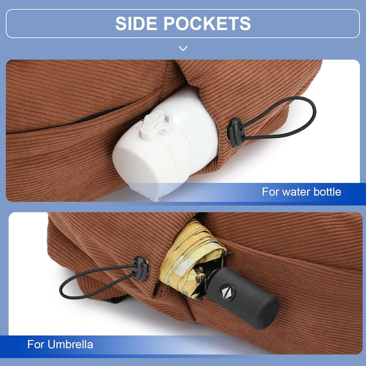 Versatile corduroy multi-pocket backpack, water-resistant, lightweight, 15.6" laptop friendly.