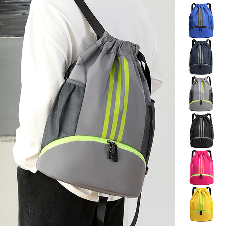 Unisex lightweight nylon drawstring backpack in black, perfect for gym or school.
