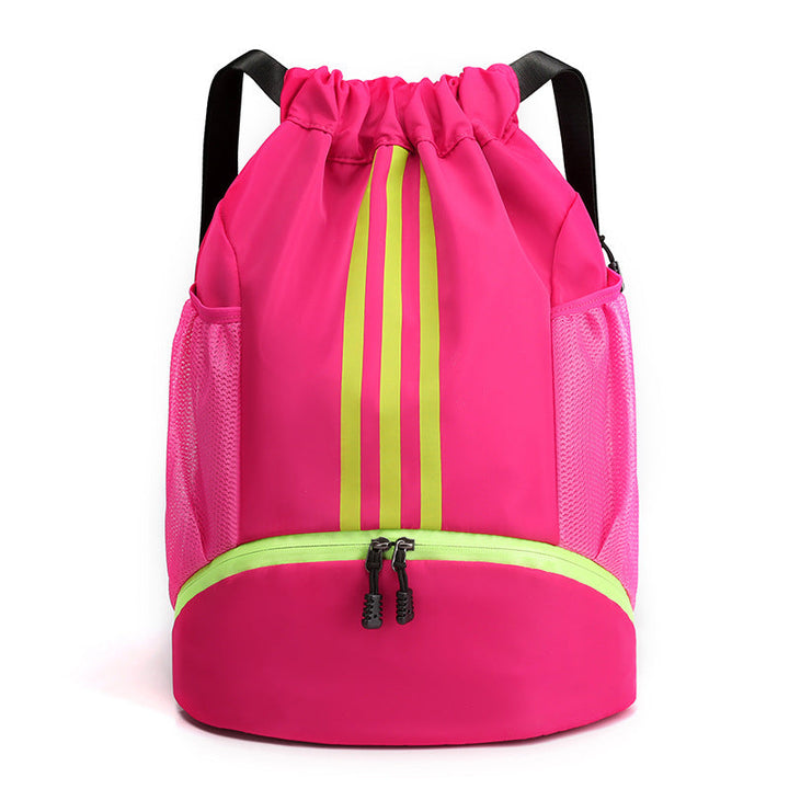 Black nylon drawstring backpack for outdoor adventures, lightweight and robust.