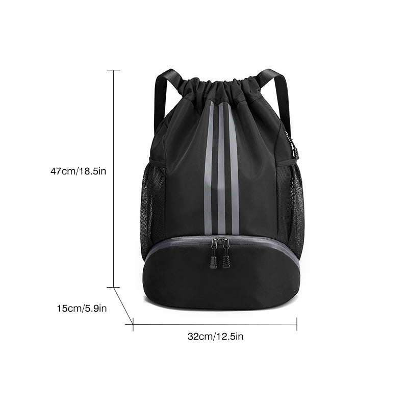 Black nylon drawstring backpack, a versatile and lightweight gym bag for all ages.