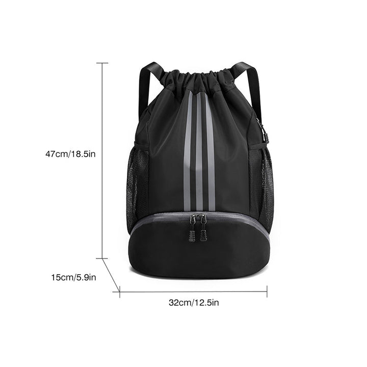 Black nylon drawstring backpack, a versatile and lightweight gym bag for all ages.
