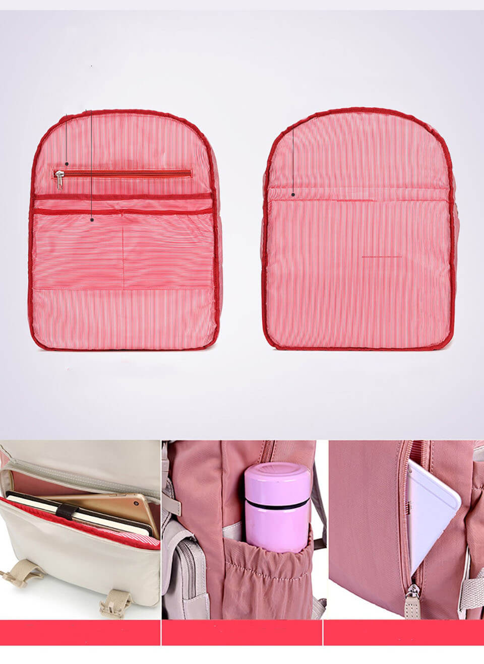 Interior view of a multi-compartment travel backpack, showing organizer pockets, laptop sleeve & spacious main area.