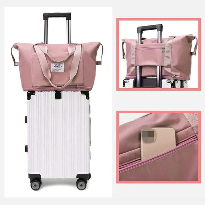 Modern unisex expandable weekender travel bag. Waterproof and lightweight, ideal for carry-on luggage.