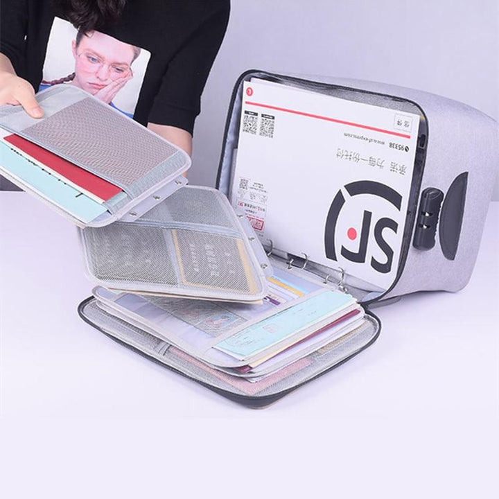 Multi-layer travel organizer with lockable & waterproof features. Ideal for secure document storage & valuables.