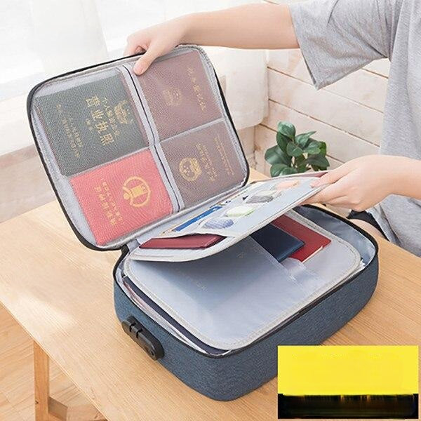 Durable unisex document storage case. Lockable, waterproof, and multi-layered for organizing important files.