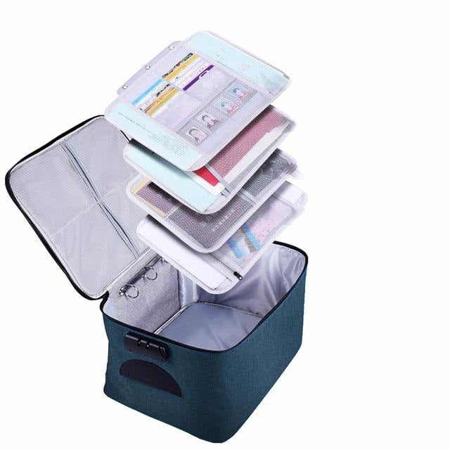 Black secure document storage box with lock and waterproof protection. Ideal for travel & home organization.