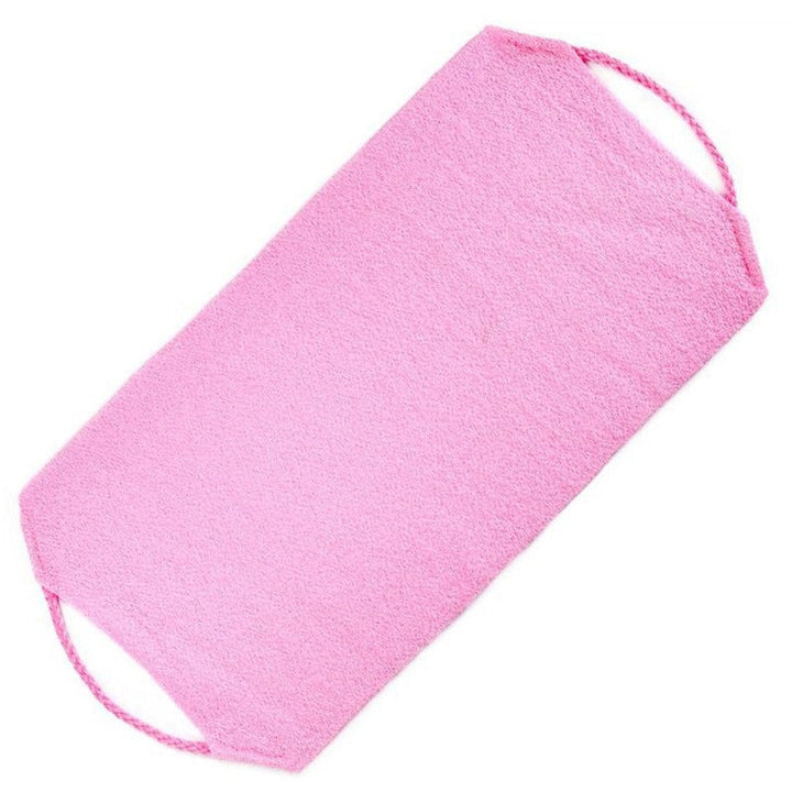 Back scrubber towel, white, with loop handles for secure grip during use