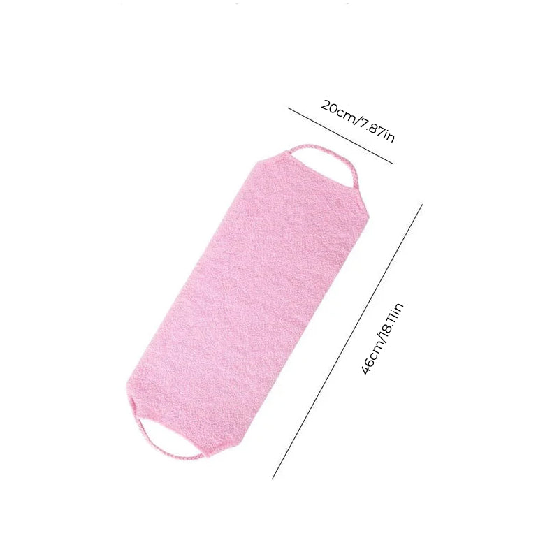 Packaged long handle exfoliating back scrubber towel, new and ready for use