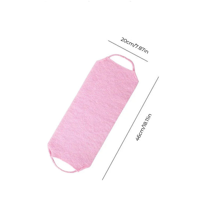 Packaged long handle exfoliating back scrubber towel, new and ready for use
