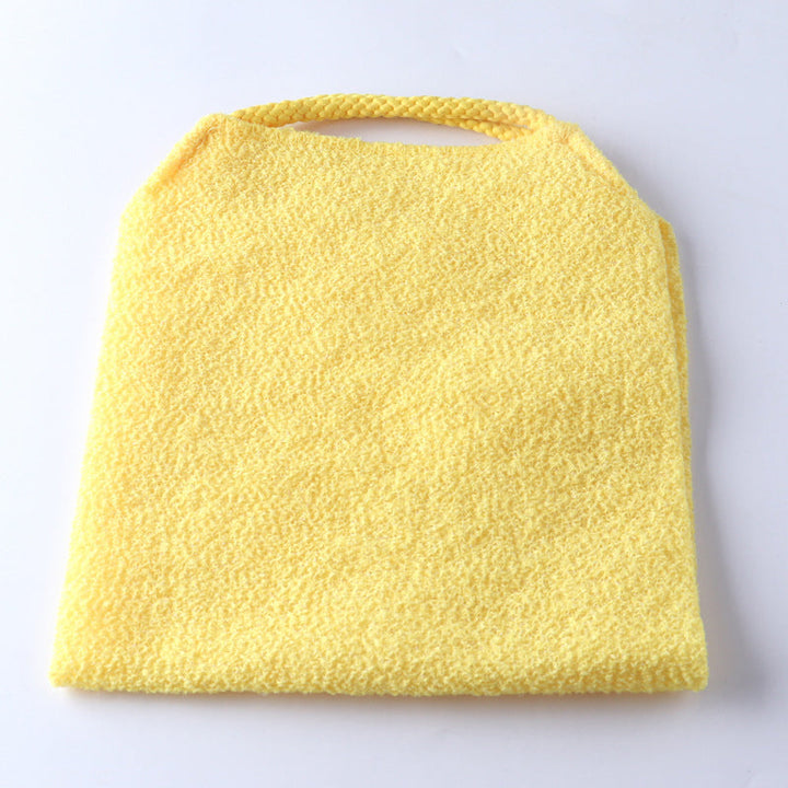 Two unisex long handle back scrubbers, one blue, one beige, for full body wash
