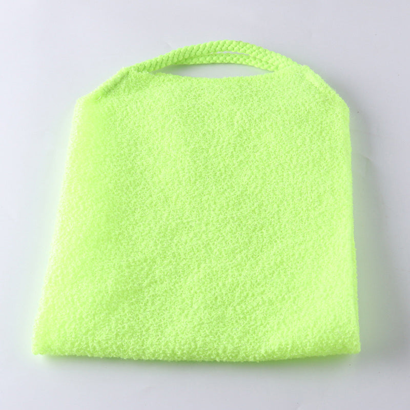 Back scrubber towel showcased with soap suds, indicating effective cleaning power