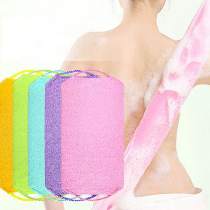 Long handle back scrubber towel in a bathroom setting, promoting body care