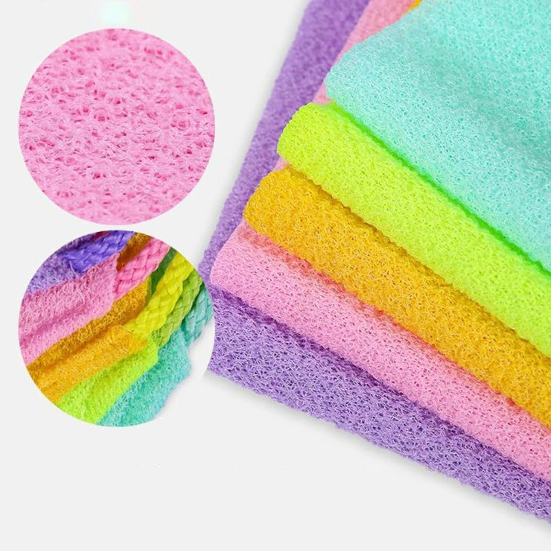 Exfoliating bath towel, unisex, shown stretching for full back reach, hygiene