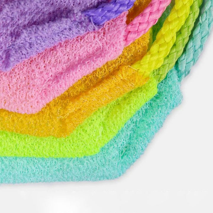 Back scrubber and exfoliator towel, beige, hanging in a shower, body wash aid