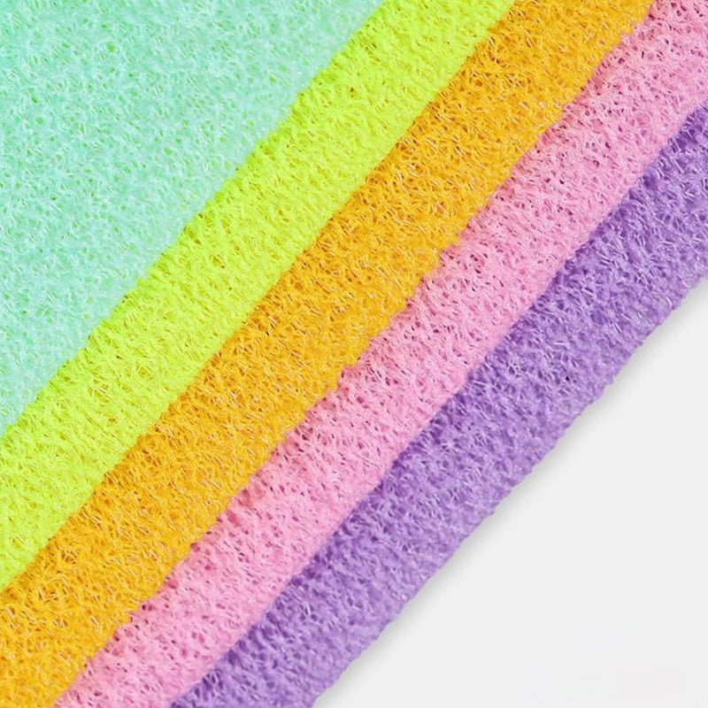 Detailed view of the back scrubber towel's durable fabric and long handles