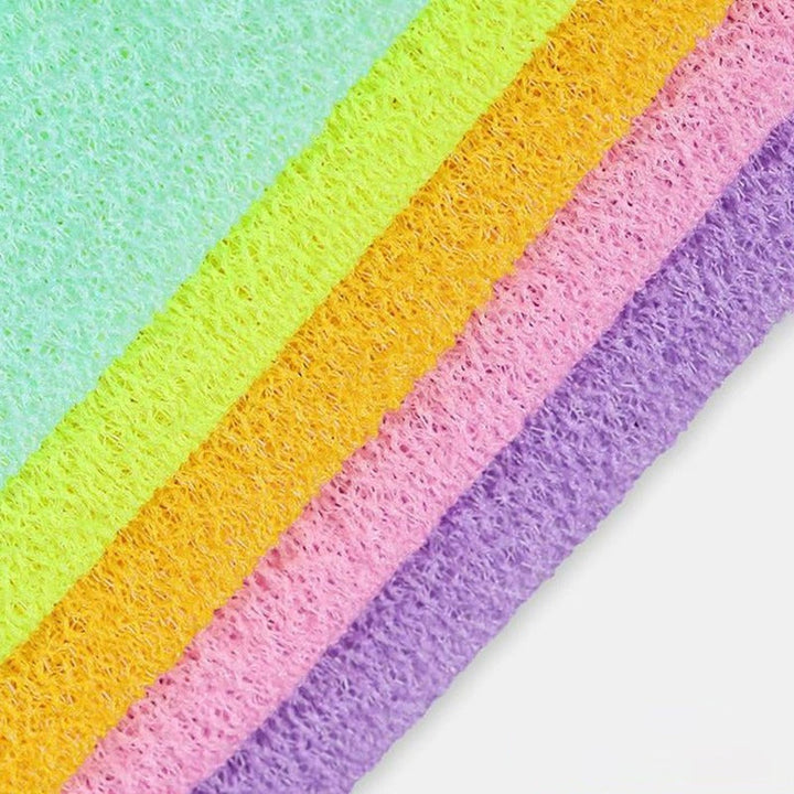 Detailed view of the back scrubber towel's durable fabric and long handles