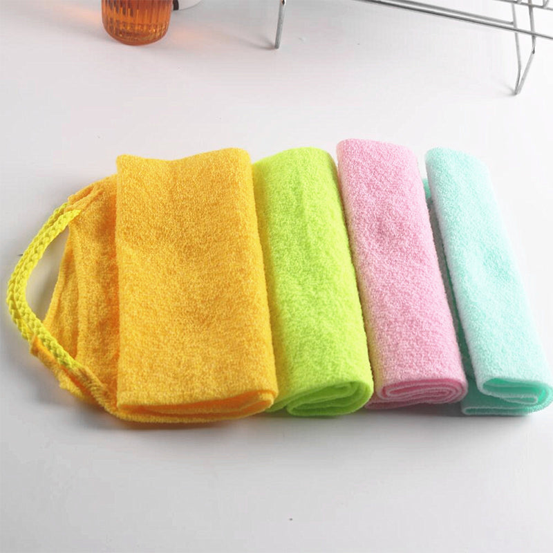 Unisex exfoliating back towel draped over a bath, ready for personal care use
