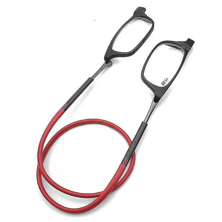 Red & gray magnetic neck-hanging reading glasses. Adjustable, lightweight unisex eyewear for comfortable daily vision.